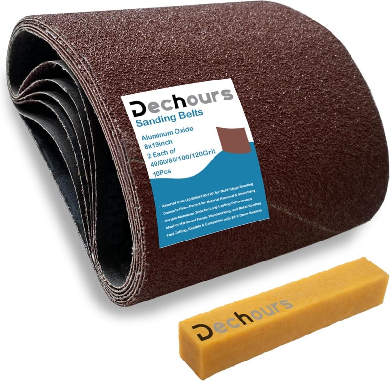 Dechours Store With Cleaning Stick | 8 x 19 Inch Sanding Belts, Assorted 40/60/80/100/120 Grit (10 Pack), EZ-8 Drum Sander Compatible, Aluminum Oxide Sandpaper for Hardwood Floor Sanding - Image 1